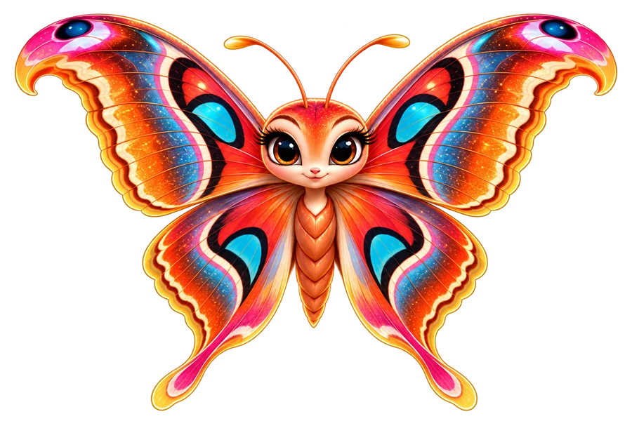 Mira, the MiRAjO Hub guide, an Atlas moth with open wings